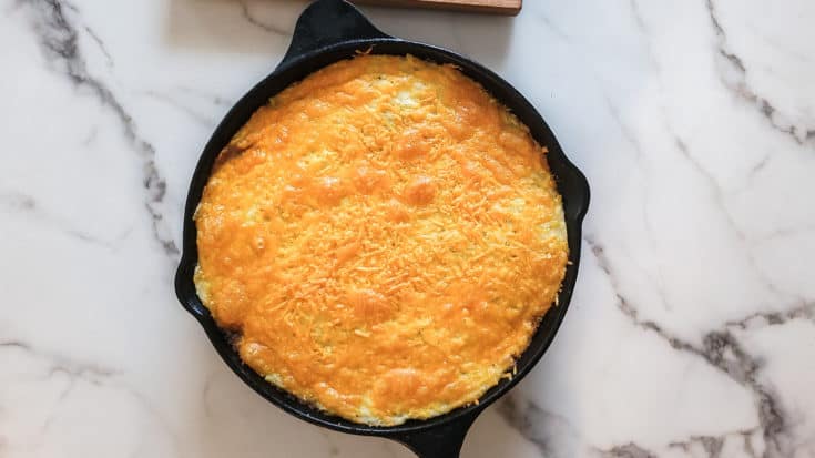 Cast Iron Skill on table filled with Shepherd's Pie