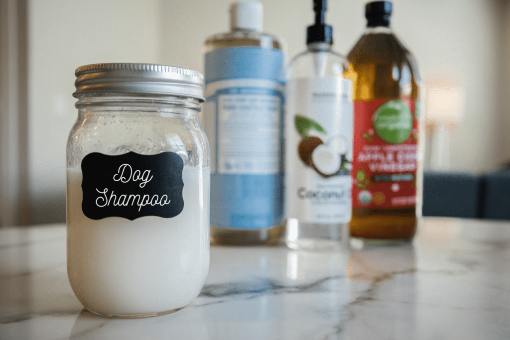 jar with shampoo castile soap coconut oil apple cider vinegar